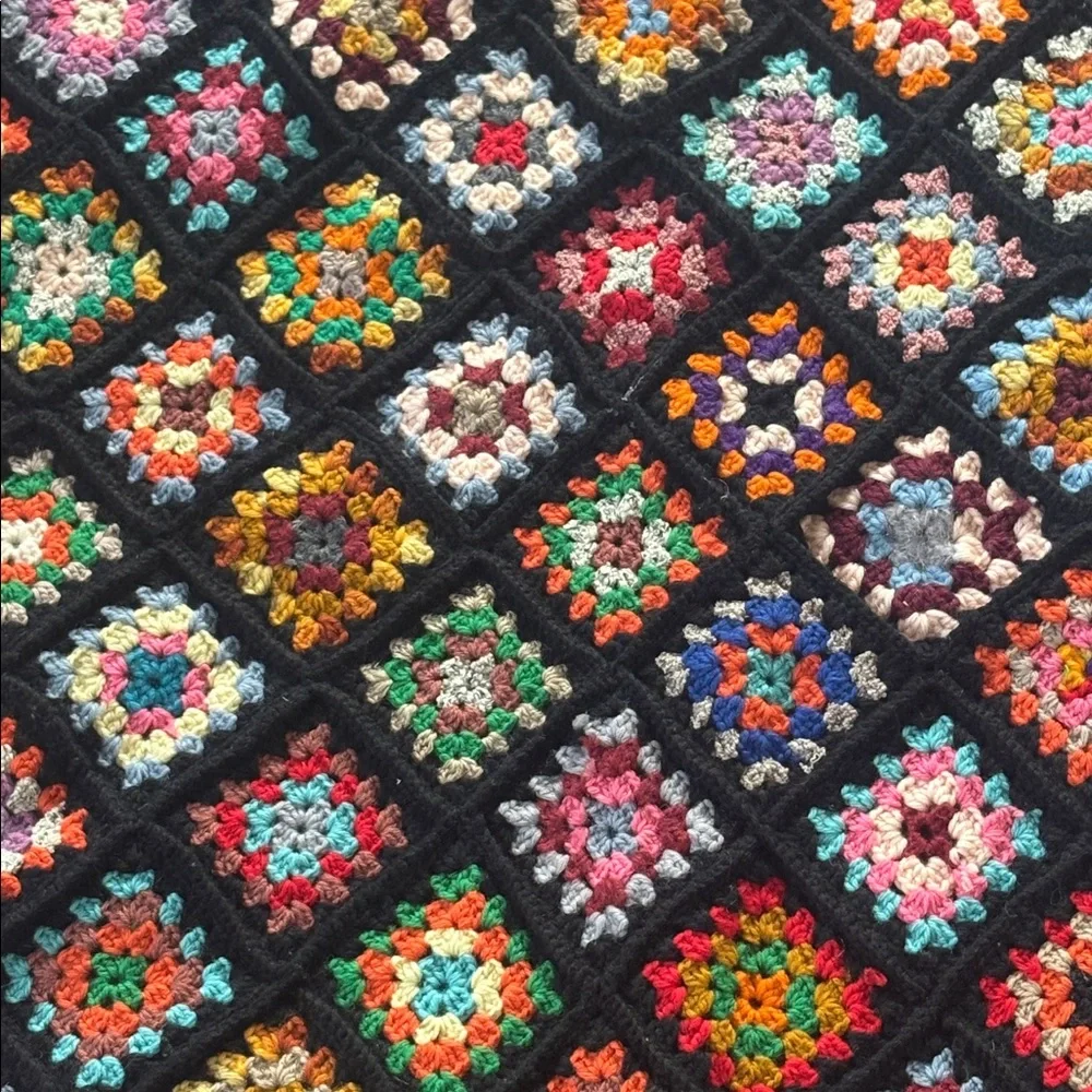 Vintage Black Trim Granny Square Afghan Roseanne Couch Blanket